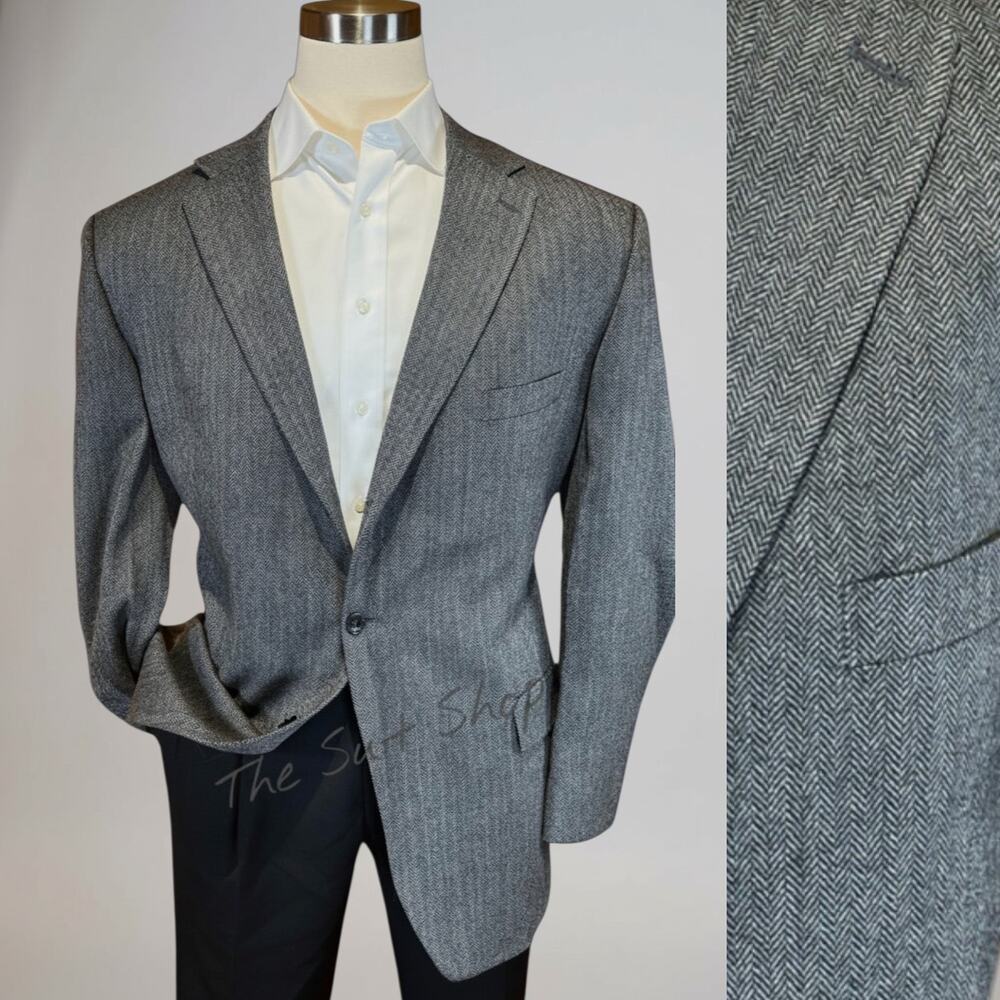 Stafford Lambswool 46R Gray Herringbone Tweed Blazer Sport Coat 3/2 Roll